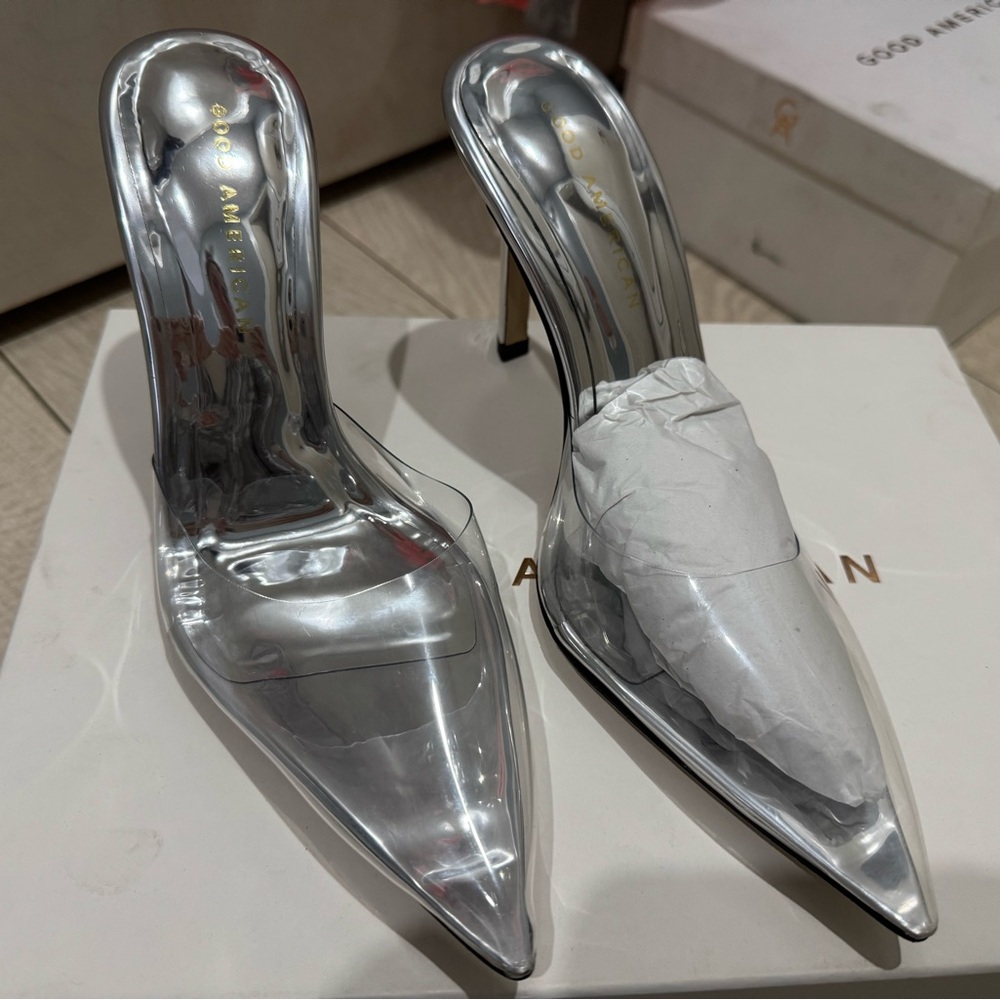 Good American Clear PVC Pointed Toe Mule Heels with Silver Insole
